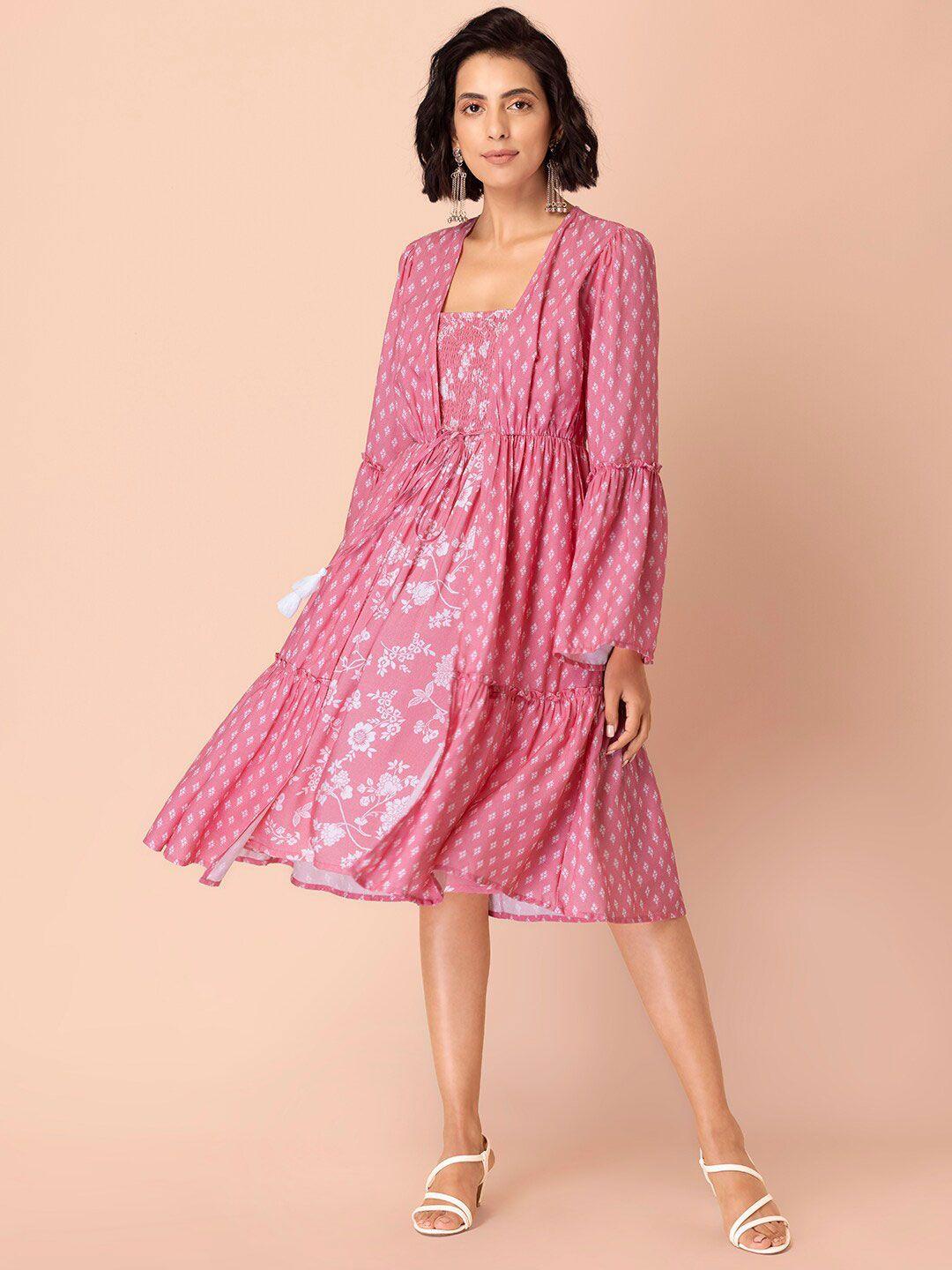 indya pink ethnic motifs layered midi dress