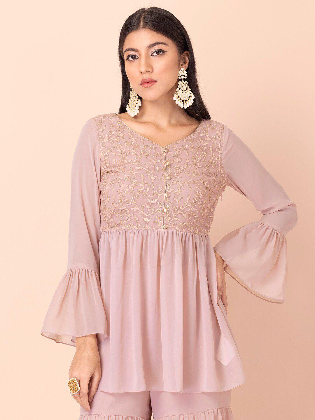 indya pink floral embroidered bell sleeves pleated a-line kurti