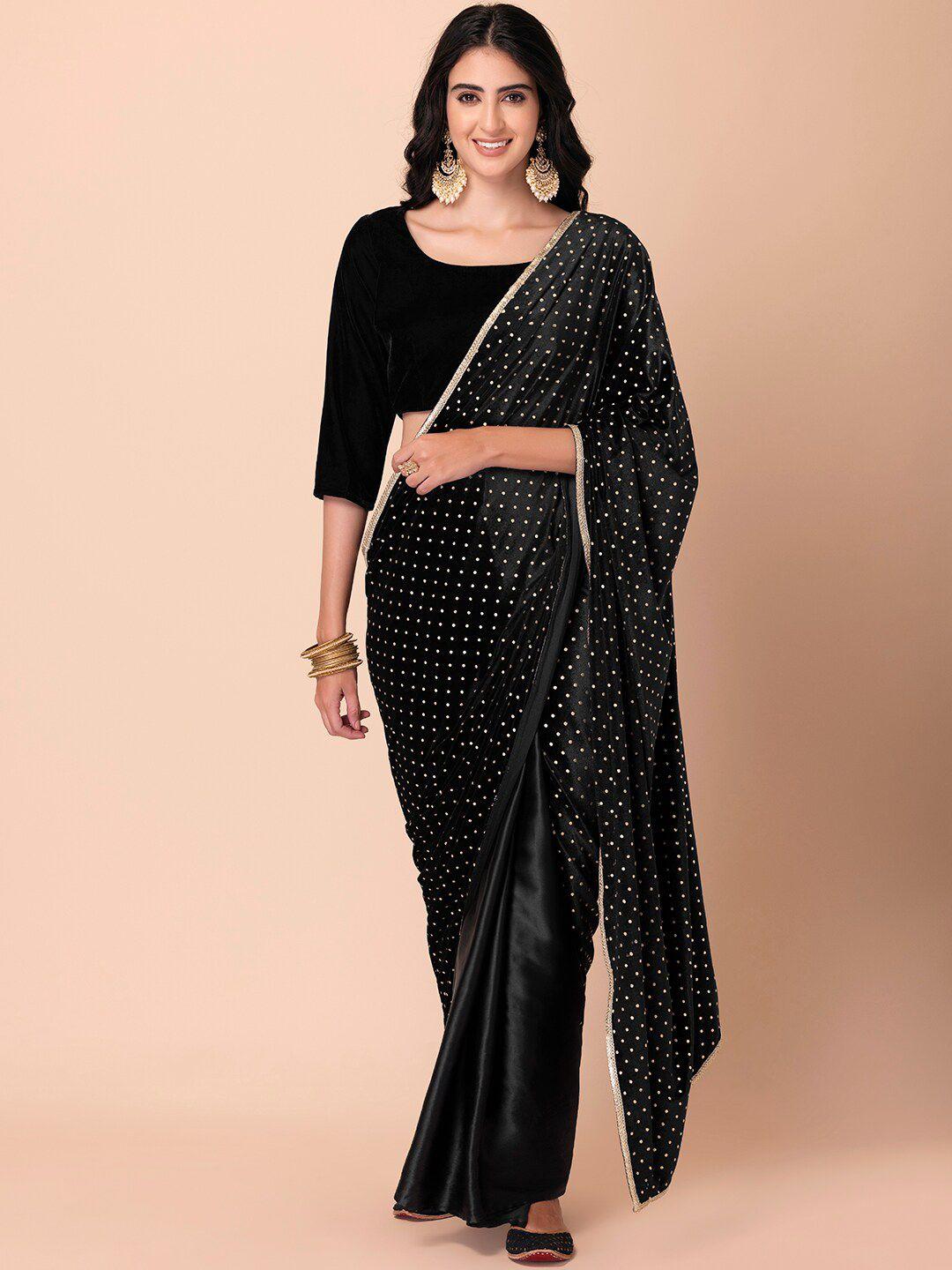 indya polka dot foil printed velvet pre-stitched saree