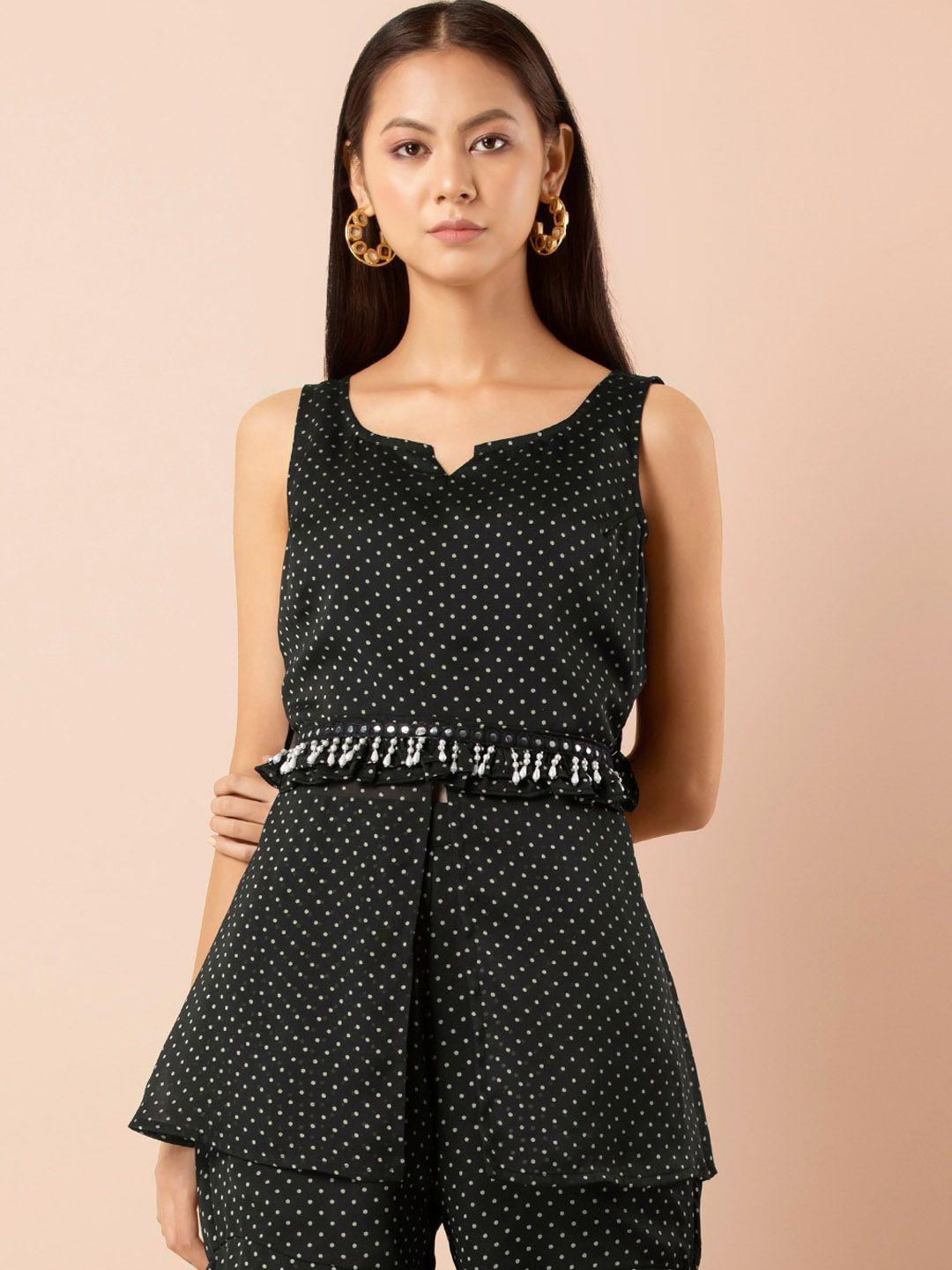 indya polka dots printed georgette short kurti with attached fringe belt