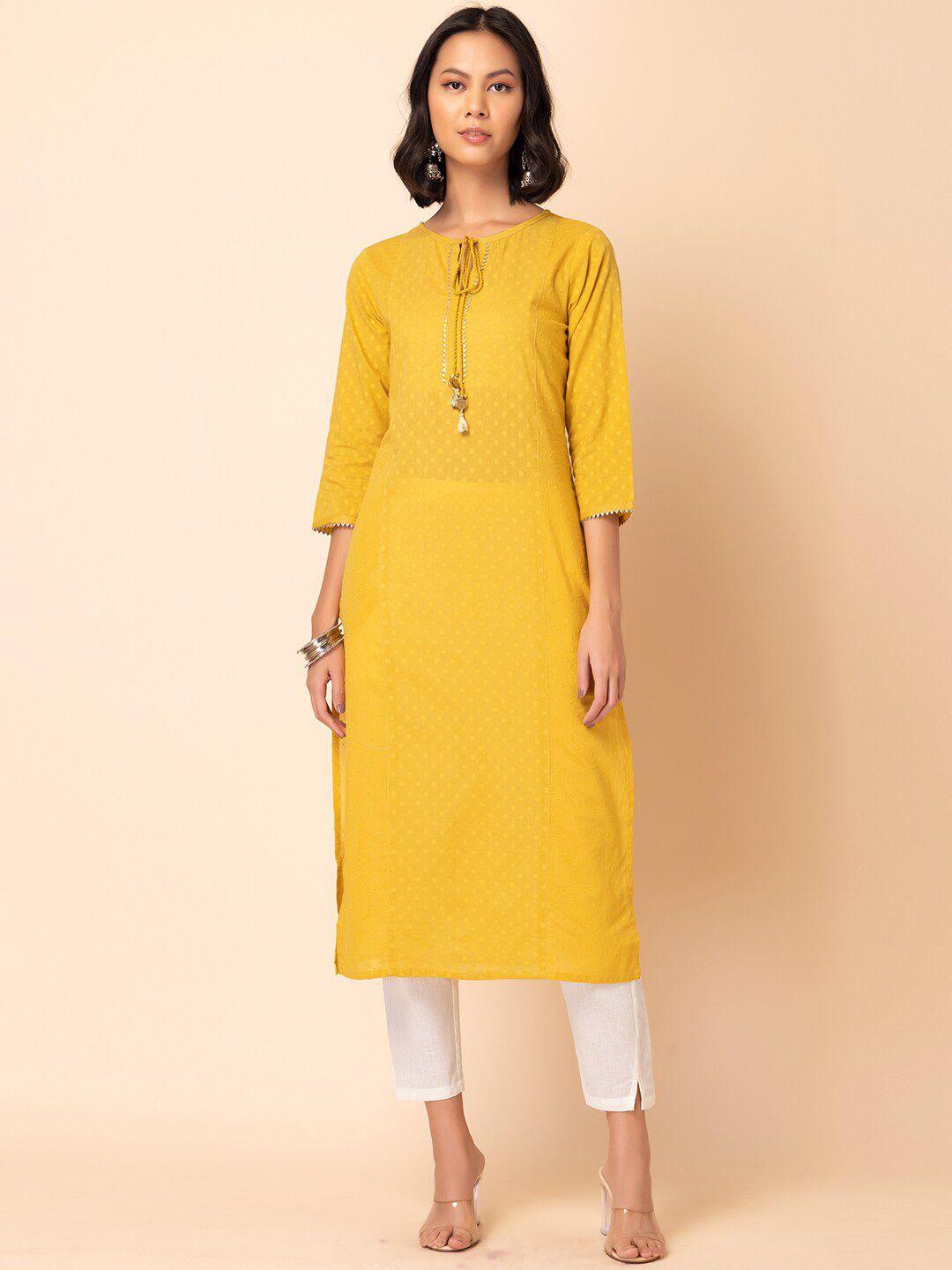 indya polka dots printed tie-up neck pure cotton kurta