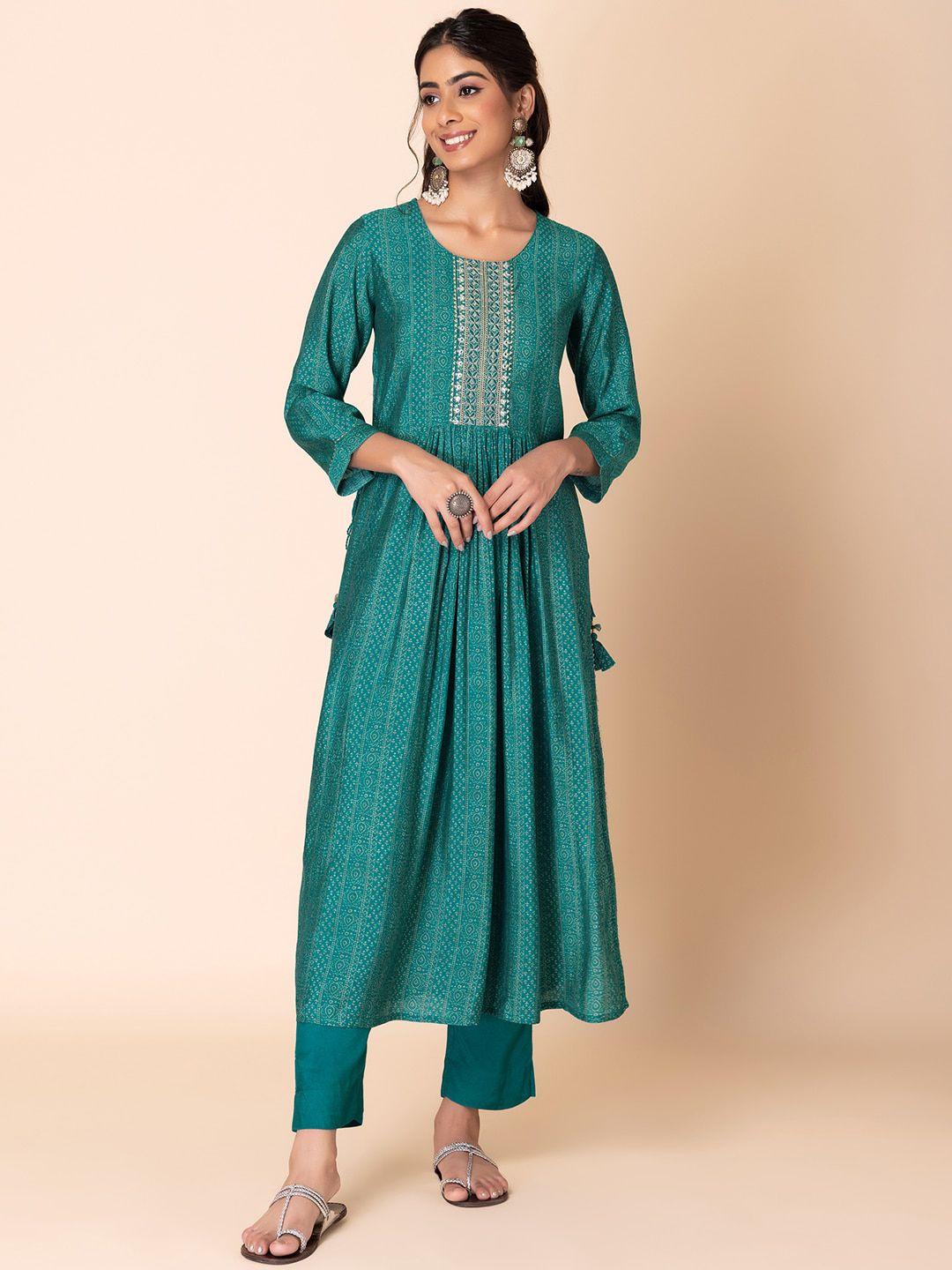 indya printed & embroidered a-line kurta with trouser set