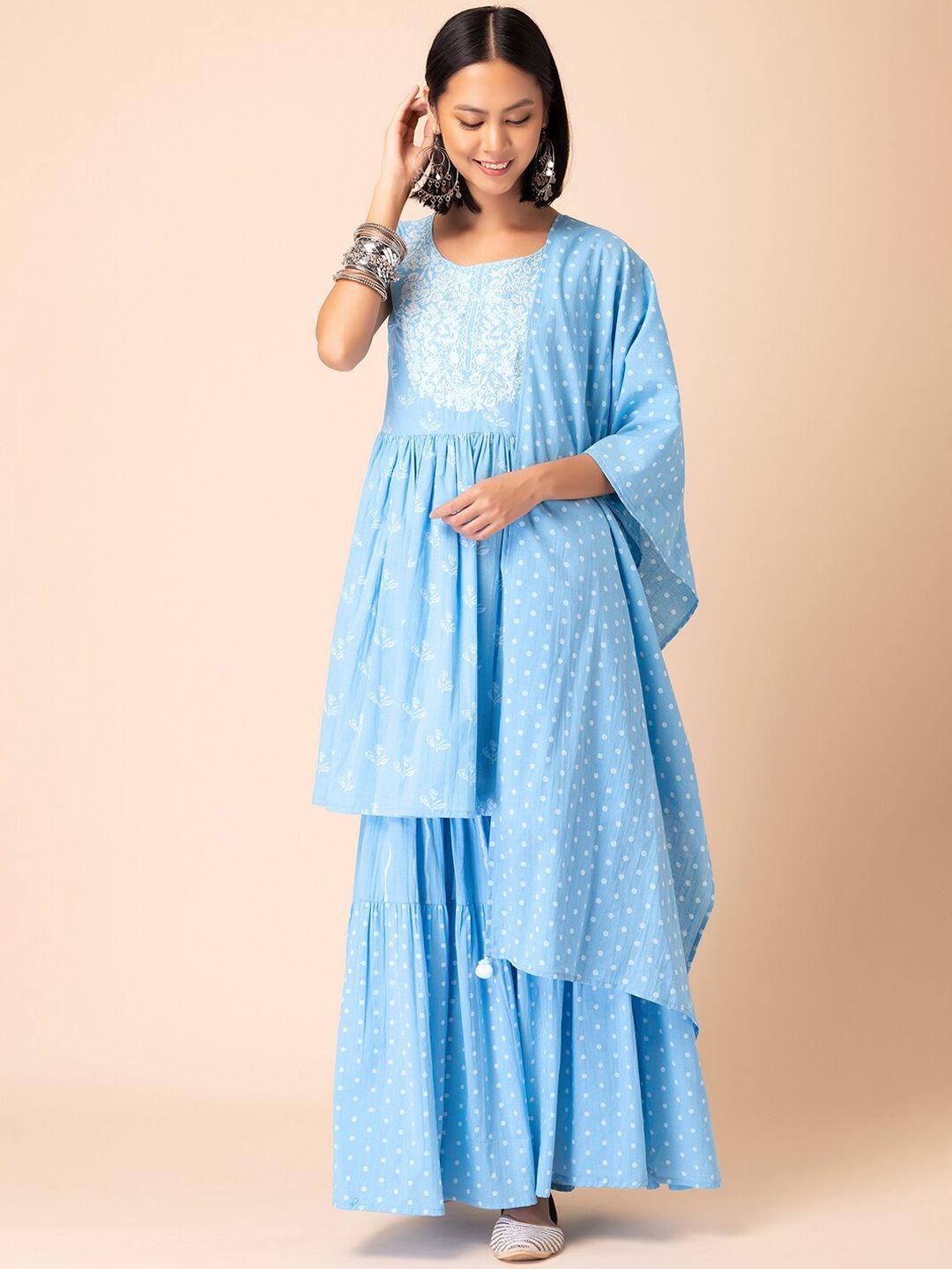 indya printed & embroidered cotton a-line kurta with sharara & dupatta