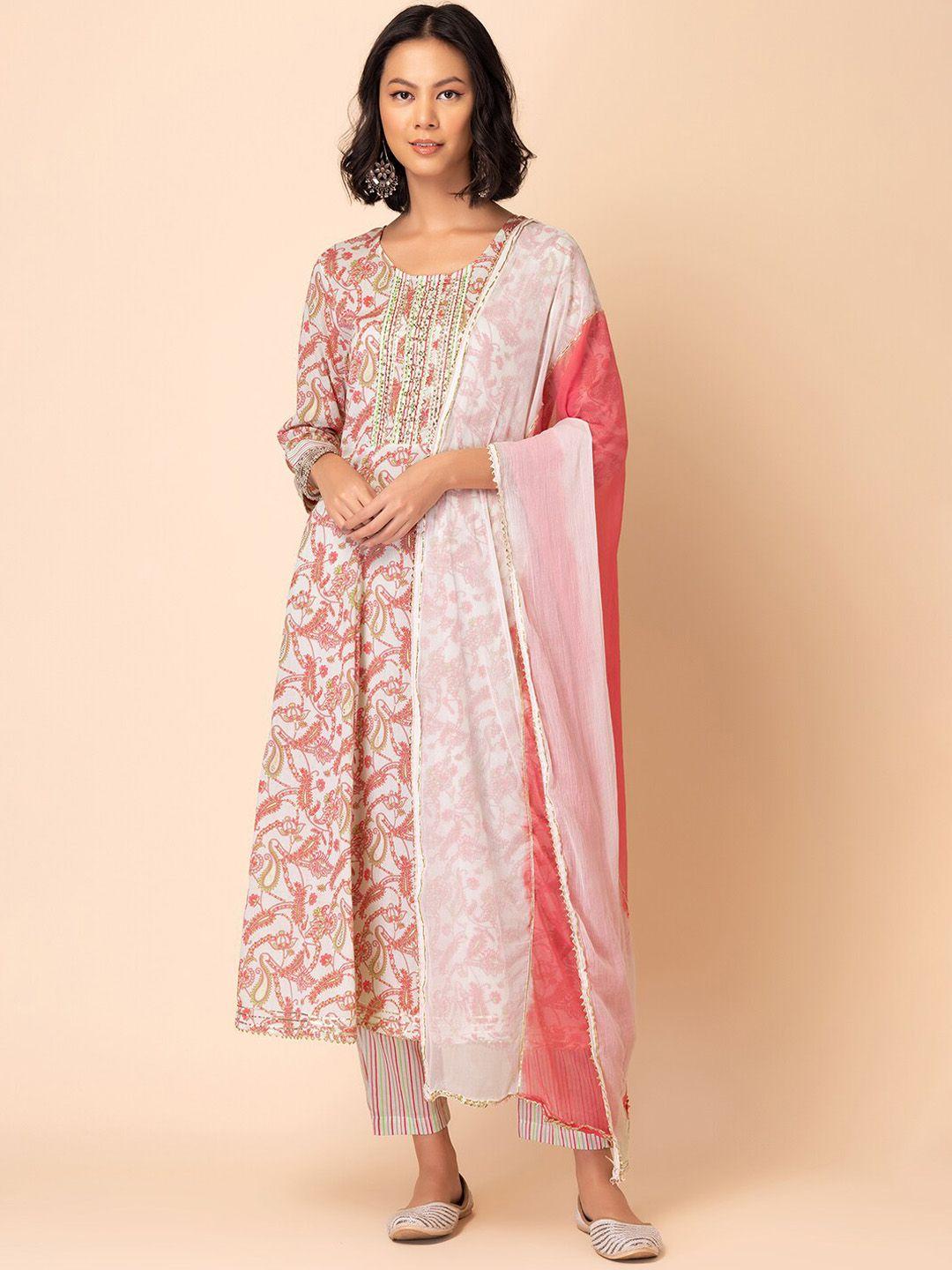 indya printed & embroidered cotton anarkali kurta with trouser & dupatta