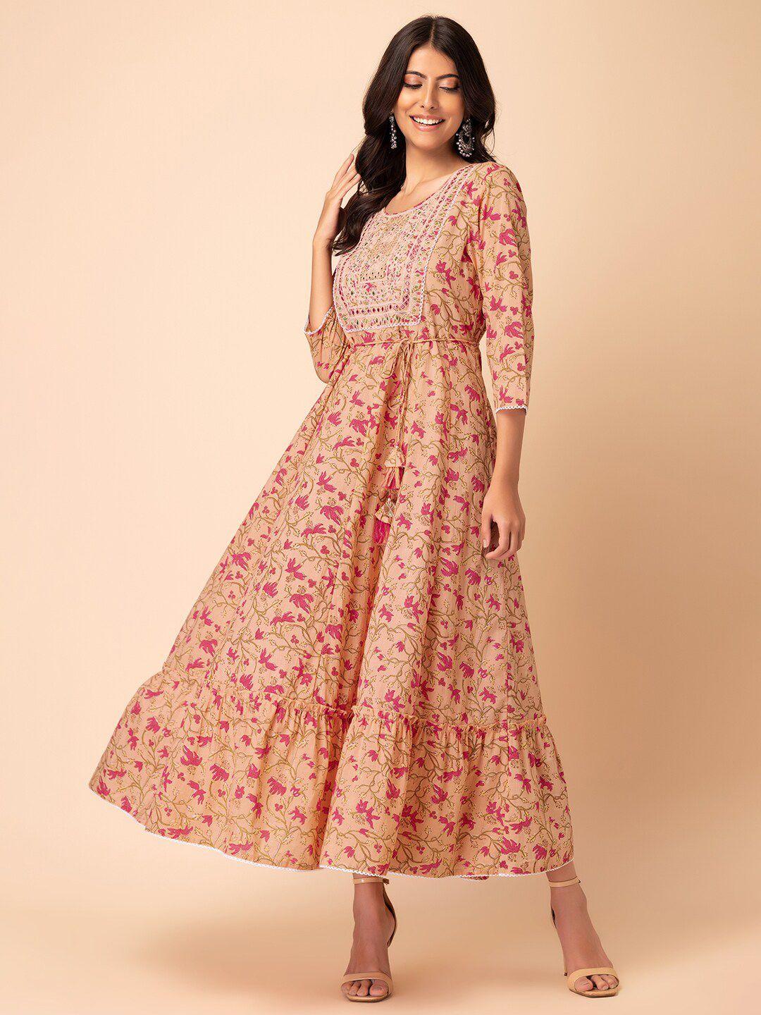 indya printed & embroidered pure cotton fit & flare tiered dress