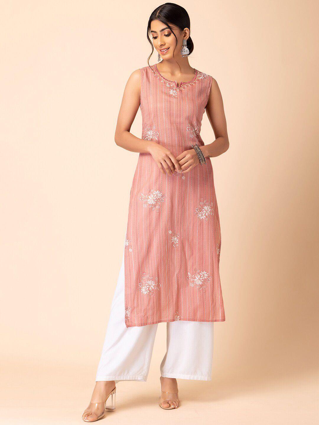 indya printed & embroidered pure cotton straight kurta