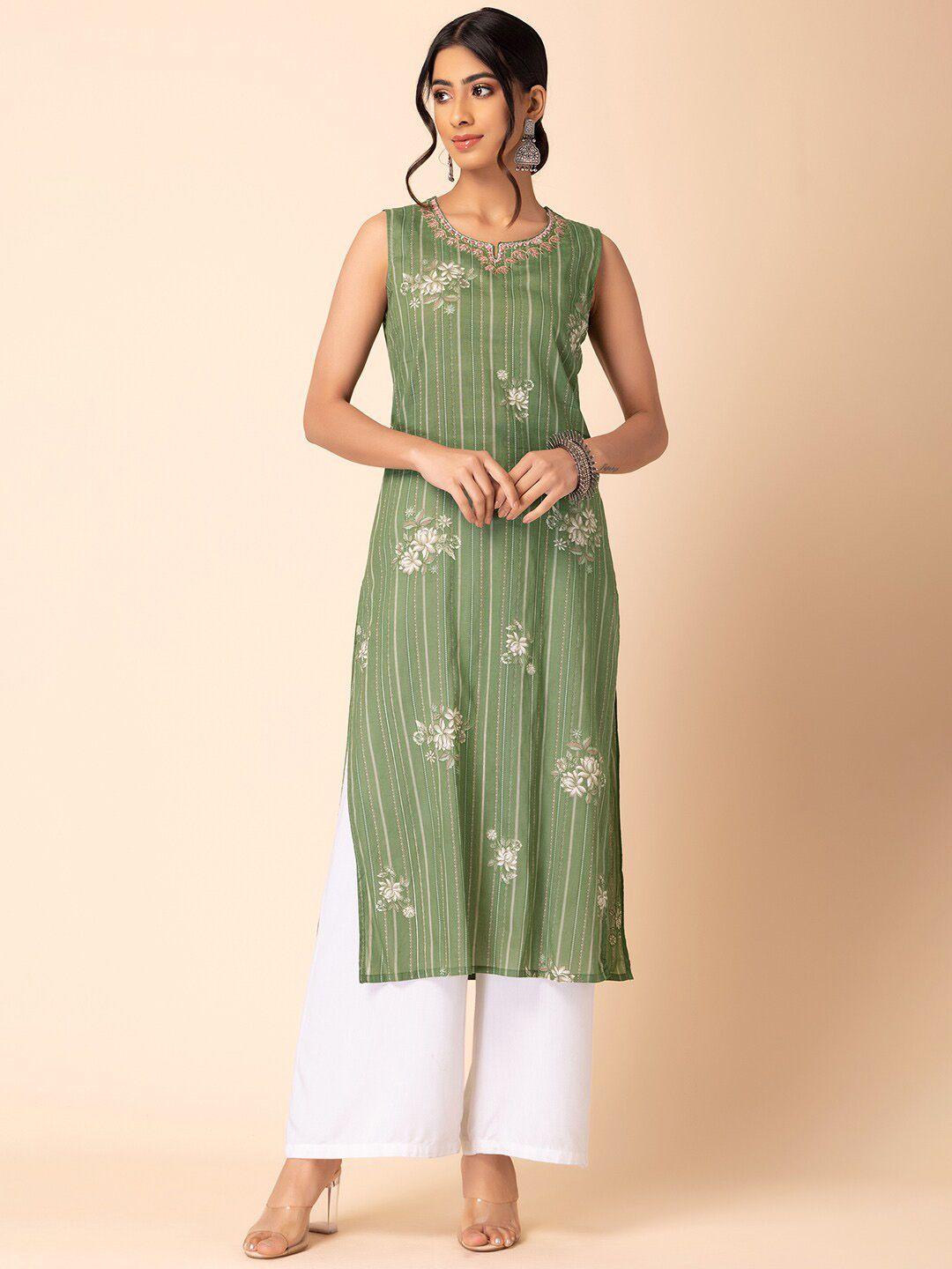 indya printed & embroidered pure cotton straight kurta