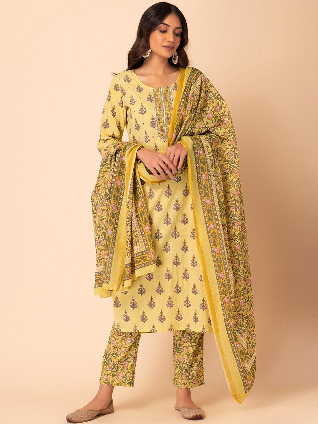 indya printed cotton straight kurta with trouser & dupatta set