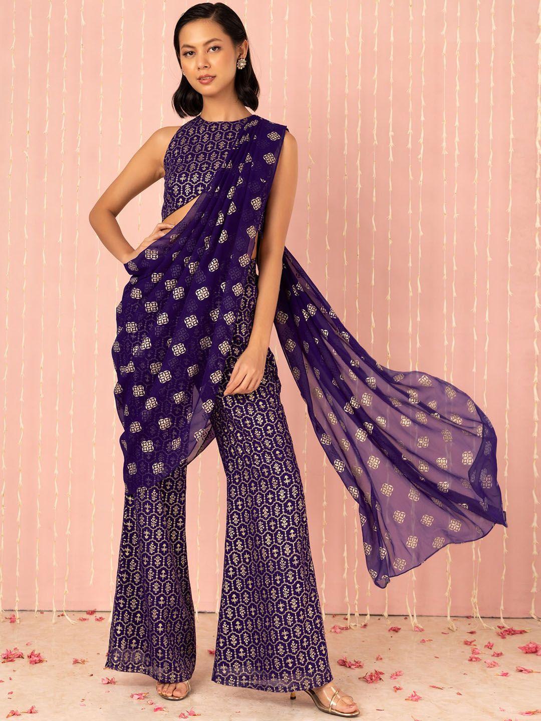 indya printed crop top & trousers with dupatta