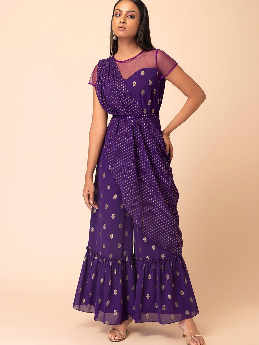 indya printed jumpsuit with attached dupatta & belt