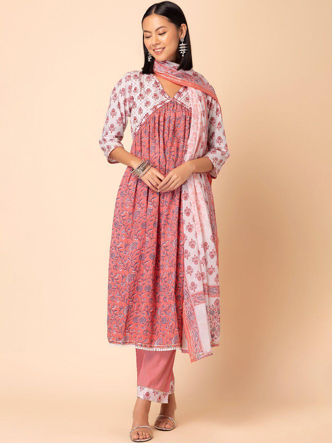 indya printed pure cotton anarkali kurta with trouser &  dupatta