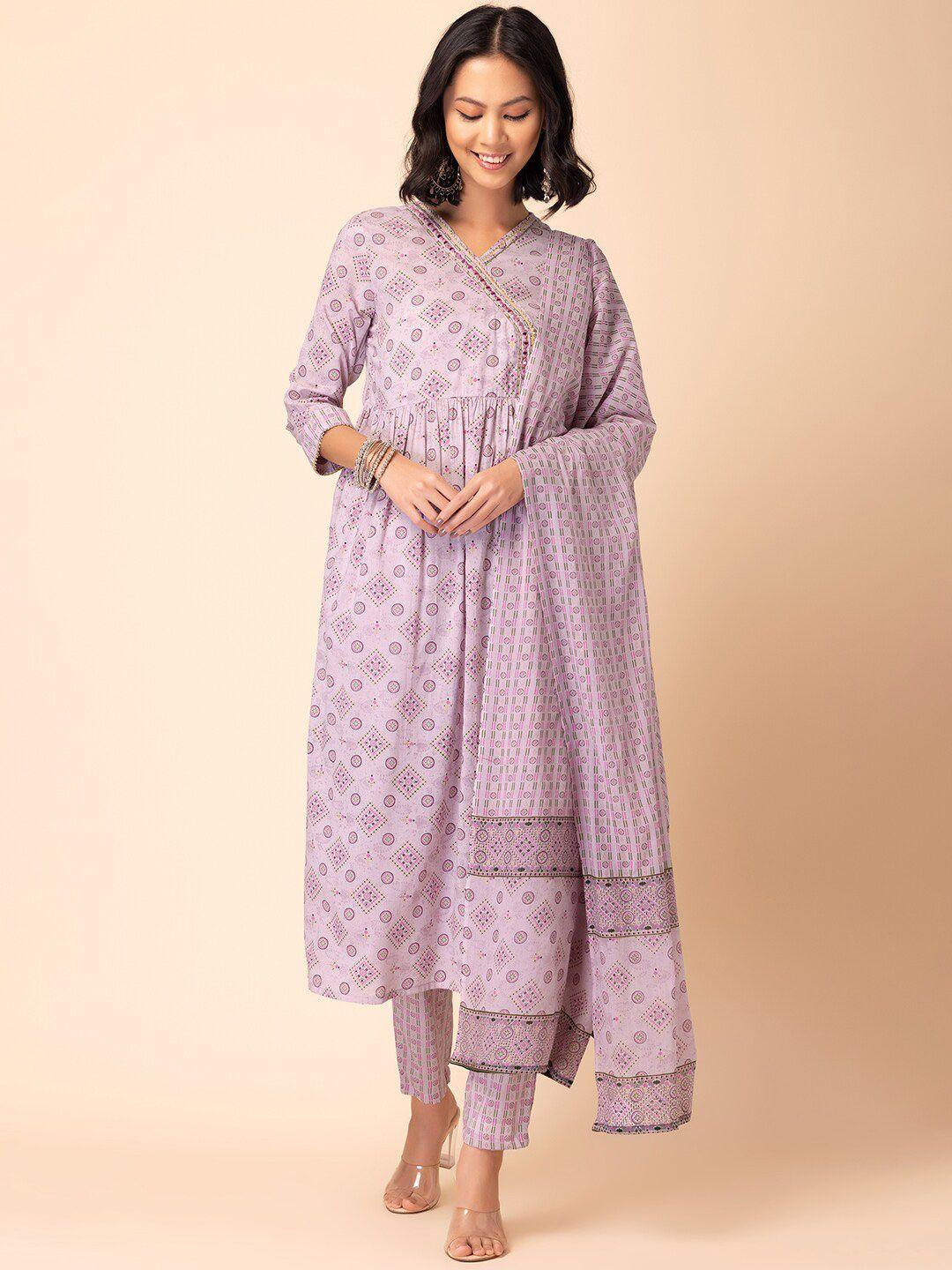 indya printed pure cotton anarkali kurta with trouser & dupatta