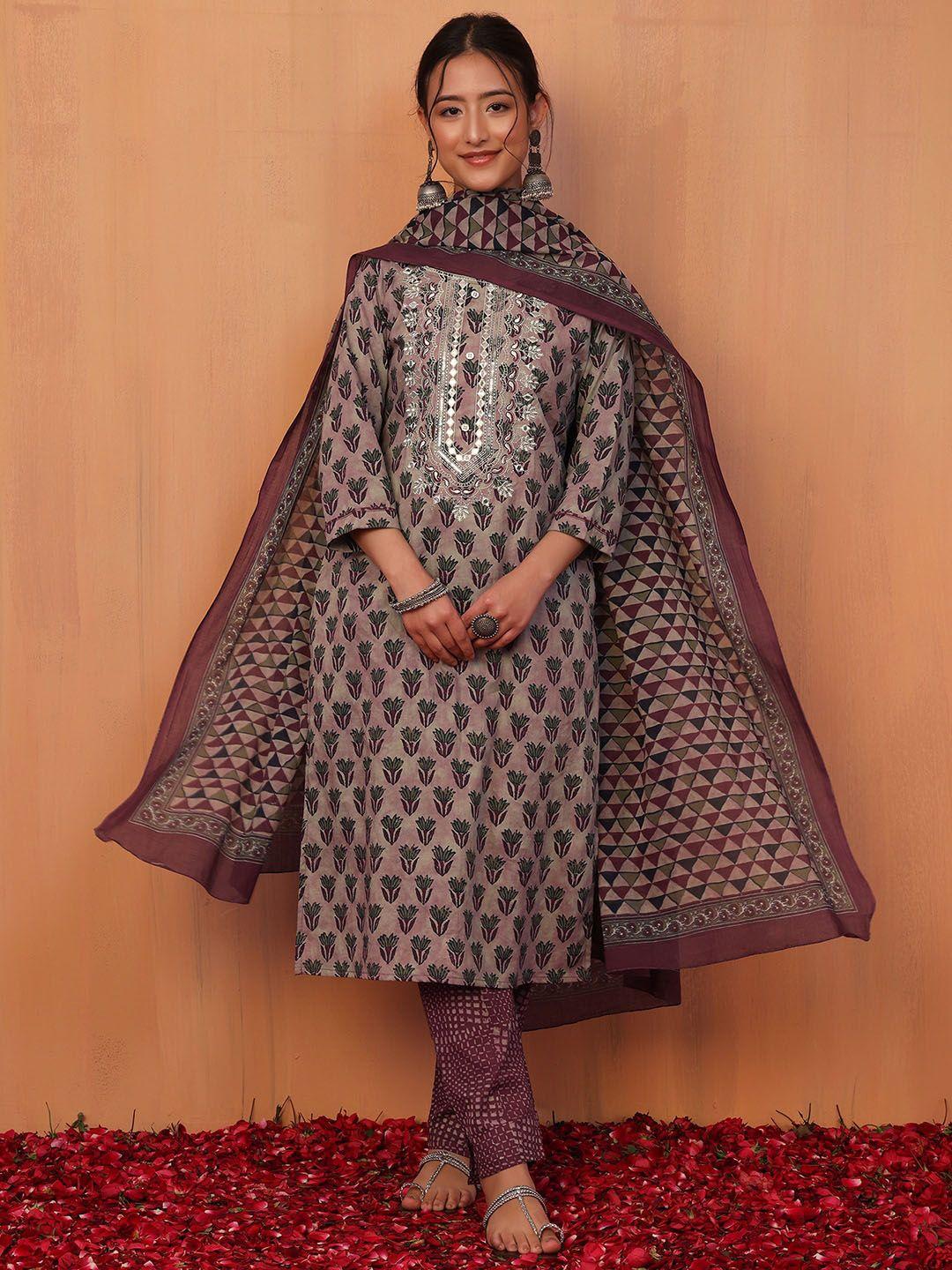 indya printed pure cotton kurta with trouser & dupatta set