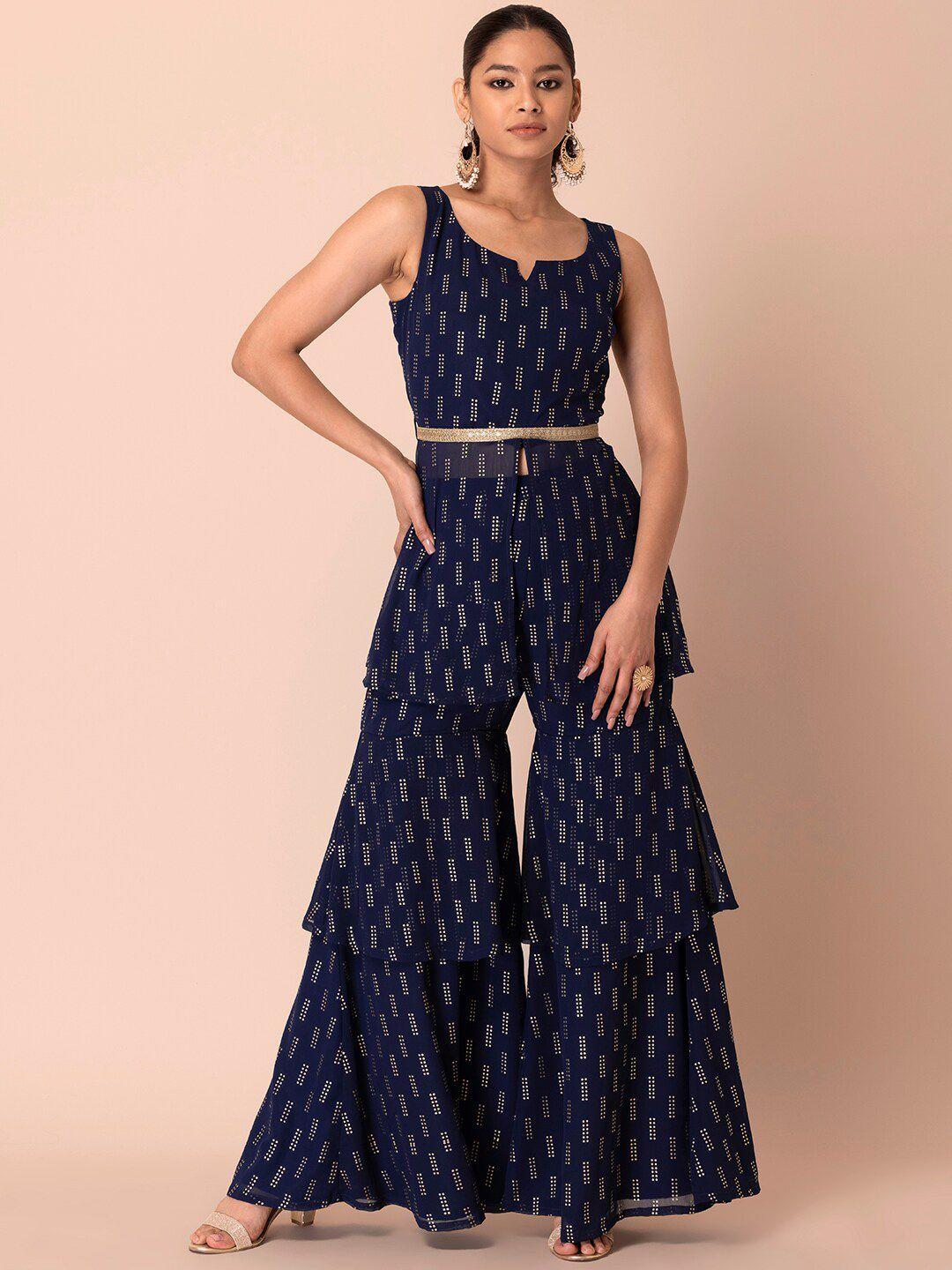 indya printed sleeveless notch neck kurta with sharara