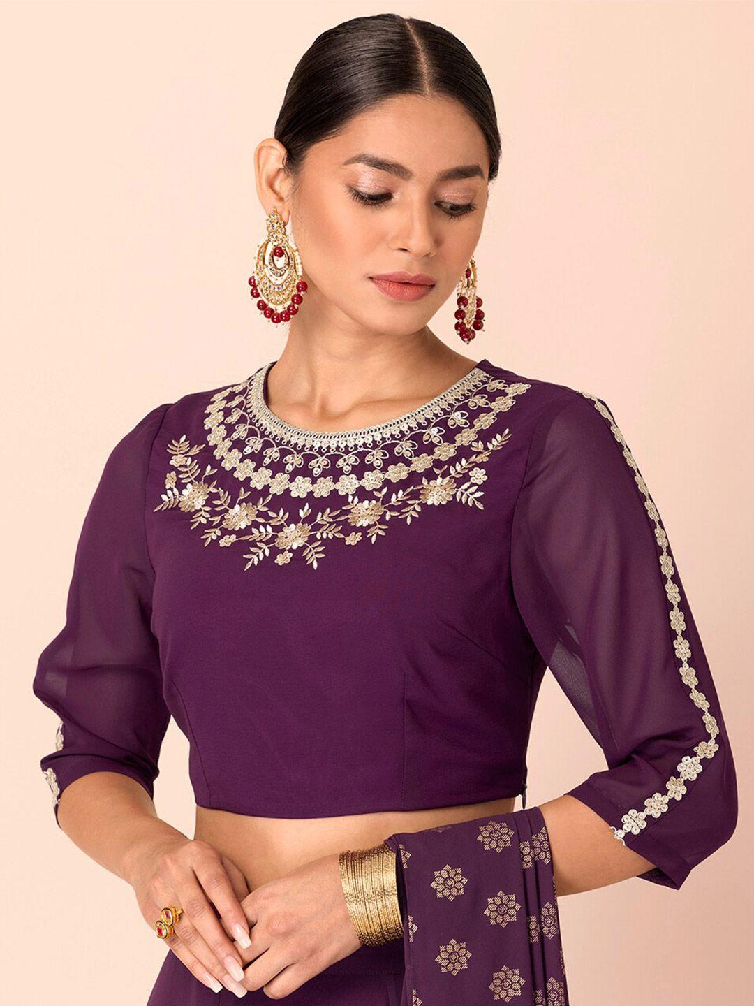 indya purple & gold-toned floral embellished georgette crop top