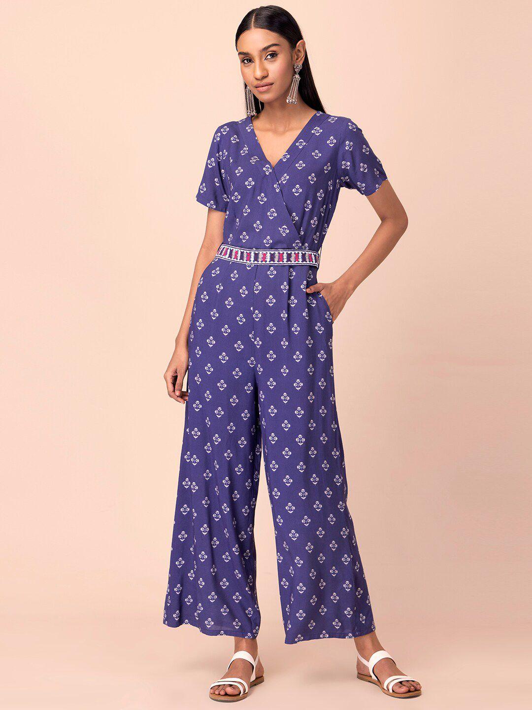 indya purple & white printed embroidered belt basic jumpsuit