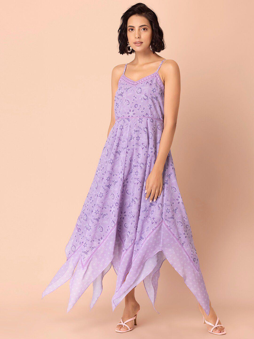 indya purple floral georgette midi dress