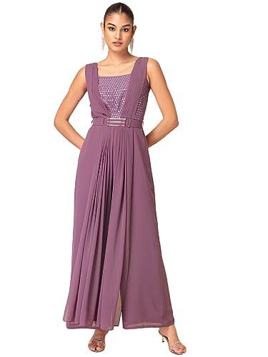 indya purple sequin embroidered jumpsuit with belt and attached drape (set of 2)