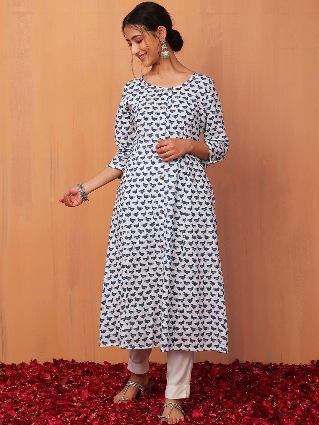 indya quirky printed thread work cotton kurta