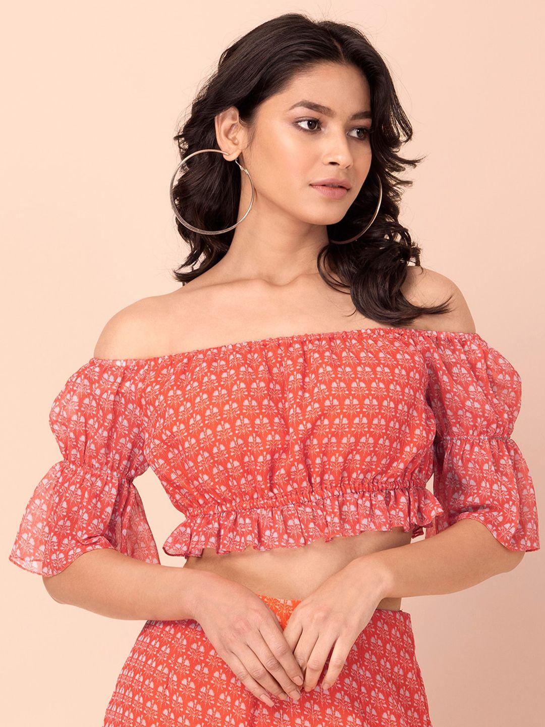 indya red & white print off-shoulder crop top