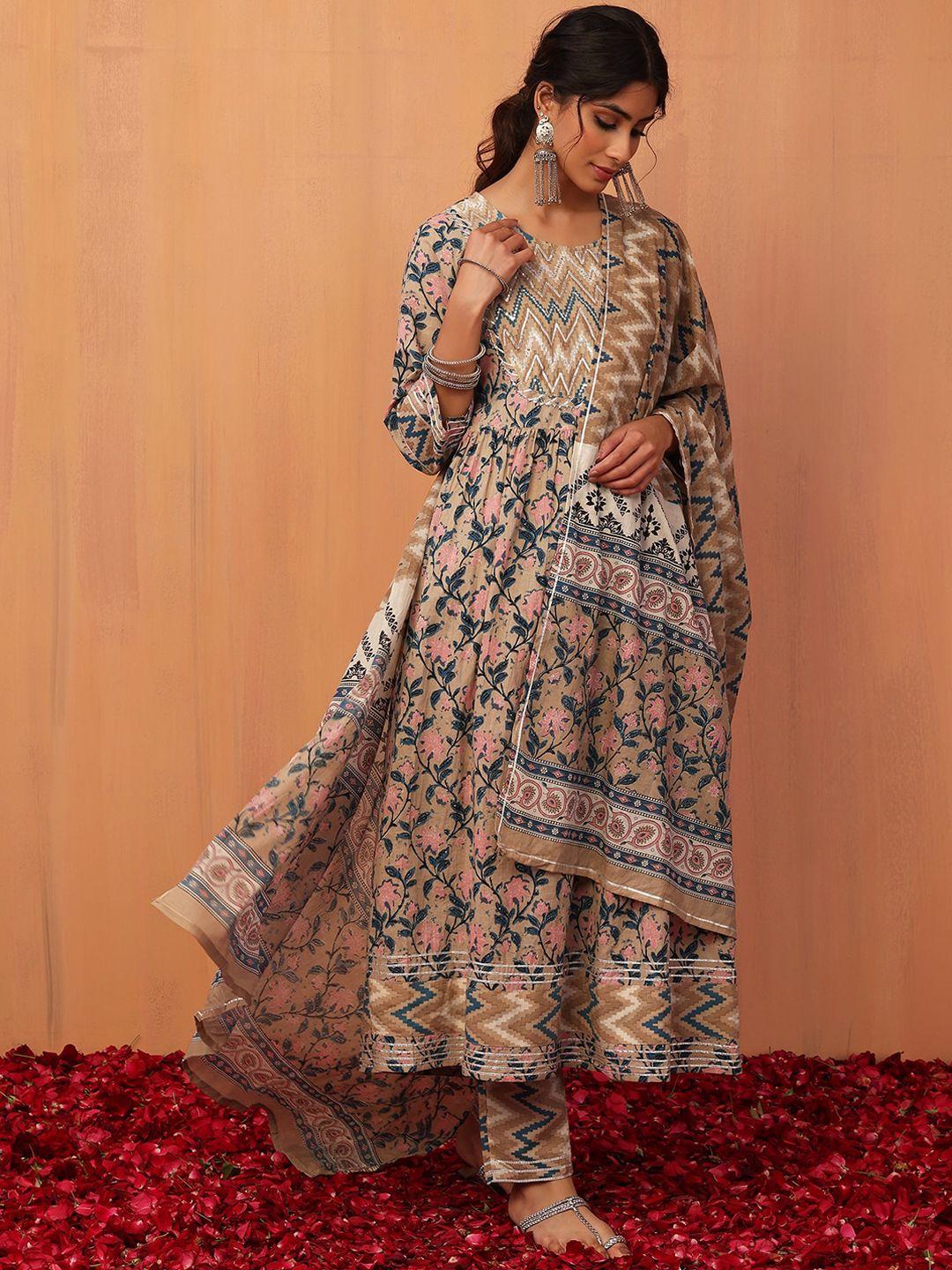 indya round neck floral printed pure cotton anarkali kurta with trouser & dupatta