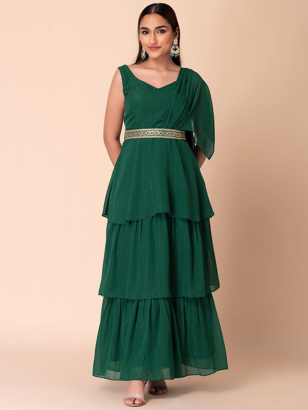 indya ruffled anarkali kurta with attached dupatta & embroidered belt