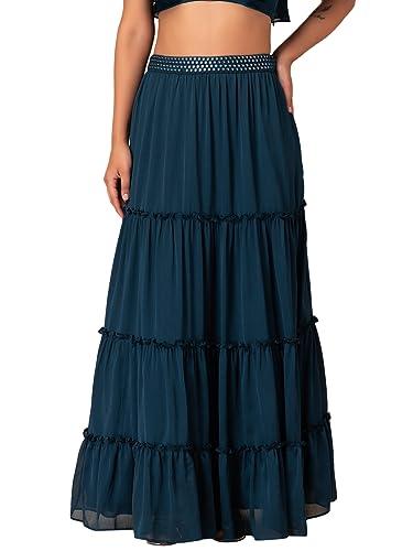 indya satin chiffon western teal blue mirror embroidered tiered lehenga skirt