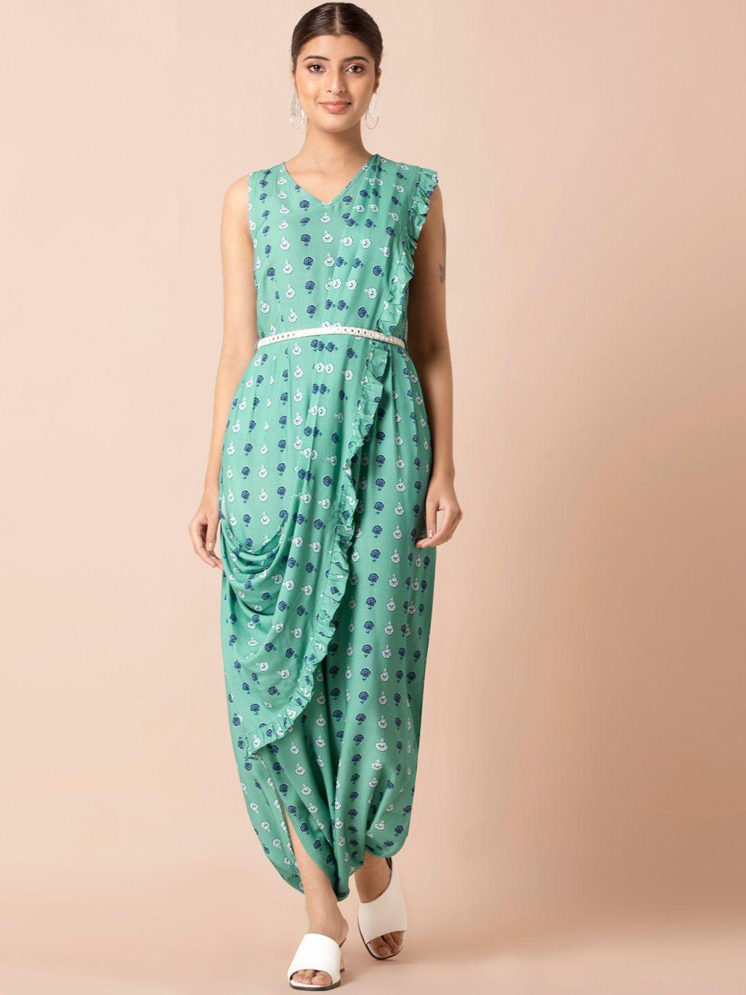 indya sea green floral boota jumpsuit with attached dupatta