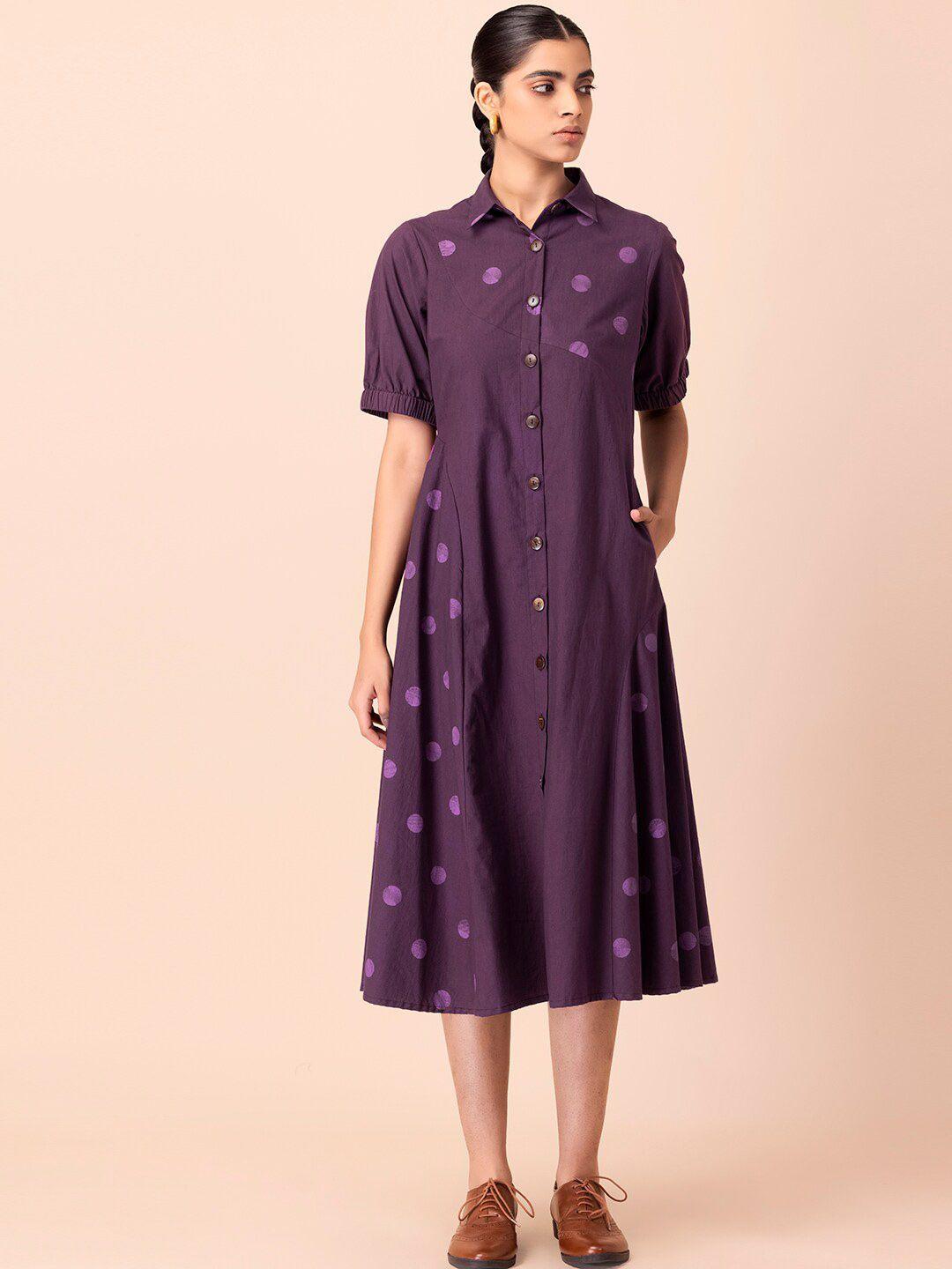 indya shirt collar polka dots printed pure cotton shirt dress with pocket