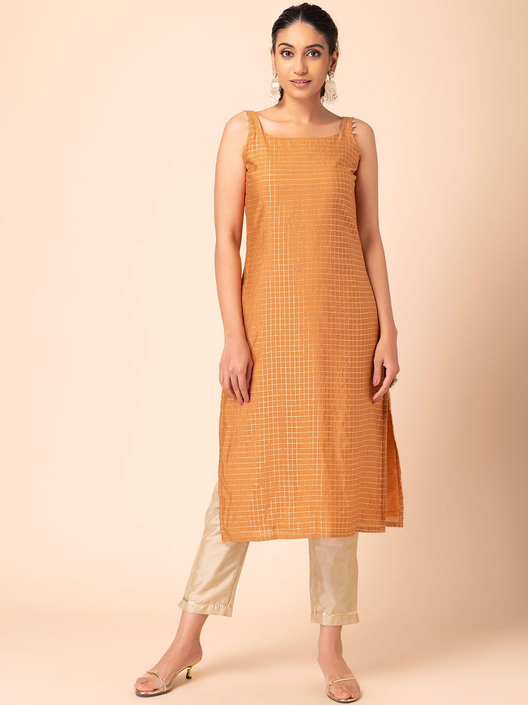 indya shoulder straps checked straight kurta