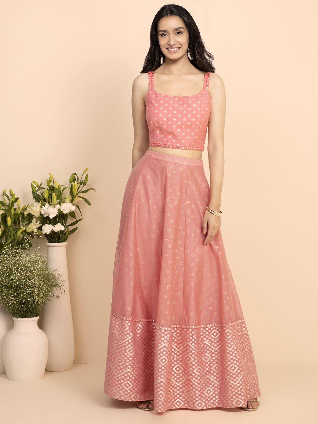 indya shraddha kapoor peach-coloured printed chanderi brocade foil maxi skir