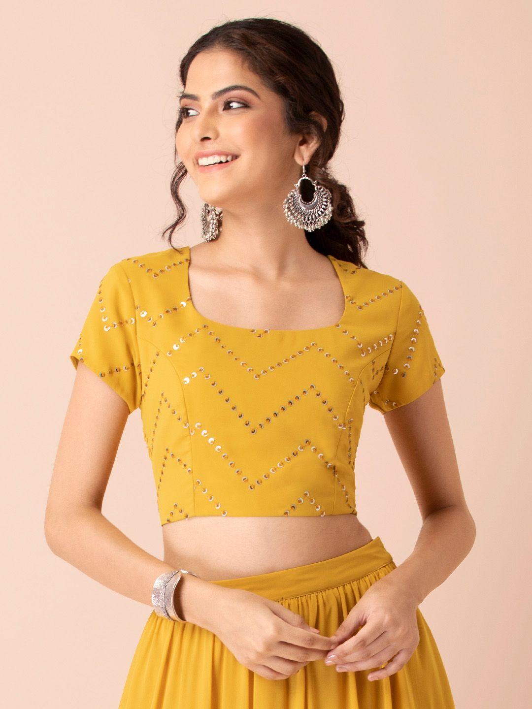 indya shraddha kapoor yellow & gold-toned geometric embellished regular crop top