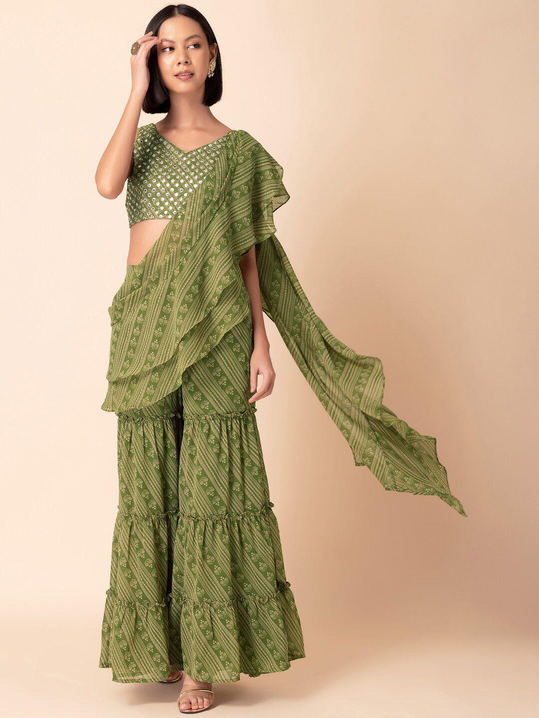 indya striped sharara with embroidered blouse & attached ruffled dupatta
