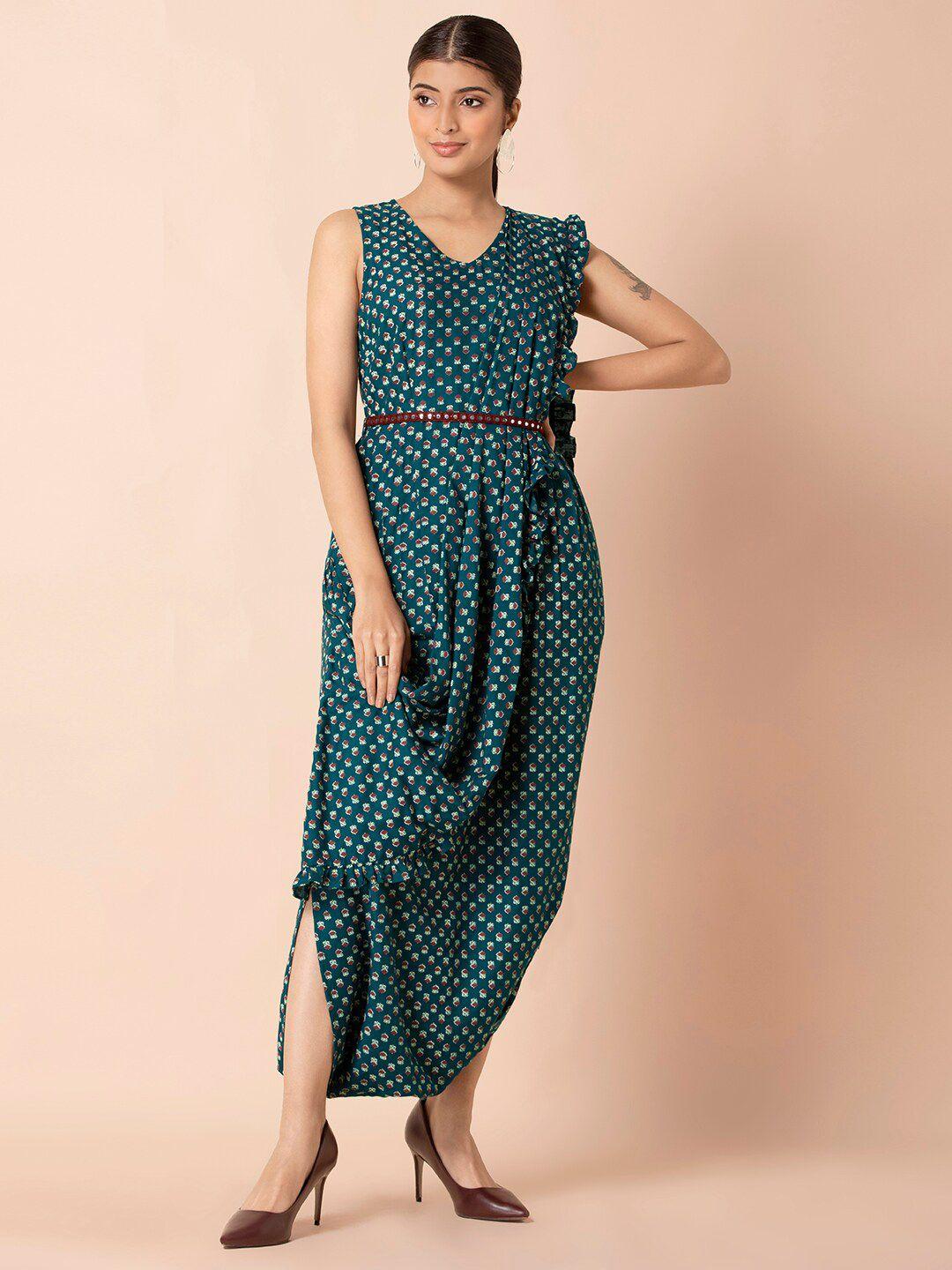 indya teal & white printed basic jumpsuit with attached dupatta