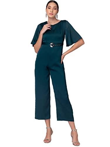 indya teal blue flared sleeve jumpsuit with buckle belt