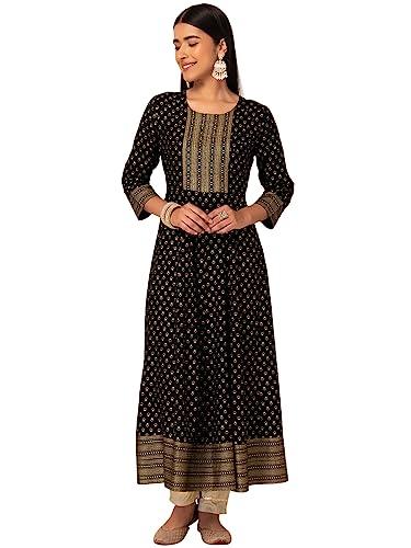 indya textured round neck rayon women's anarkali dress (black, xl)