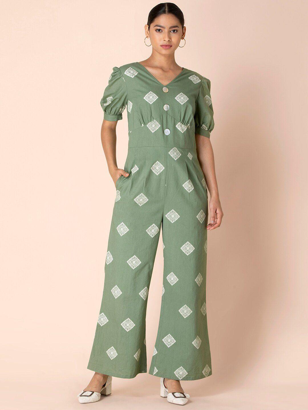 indya tribal printed v-neck puff sleeves pure cotton bell bottom jumpsuit