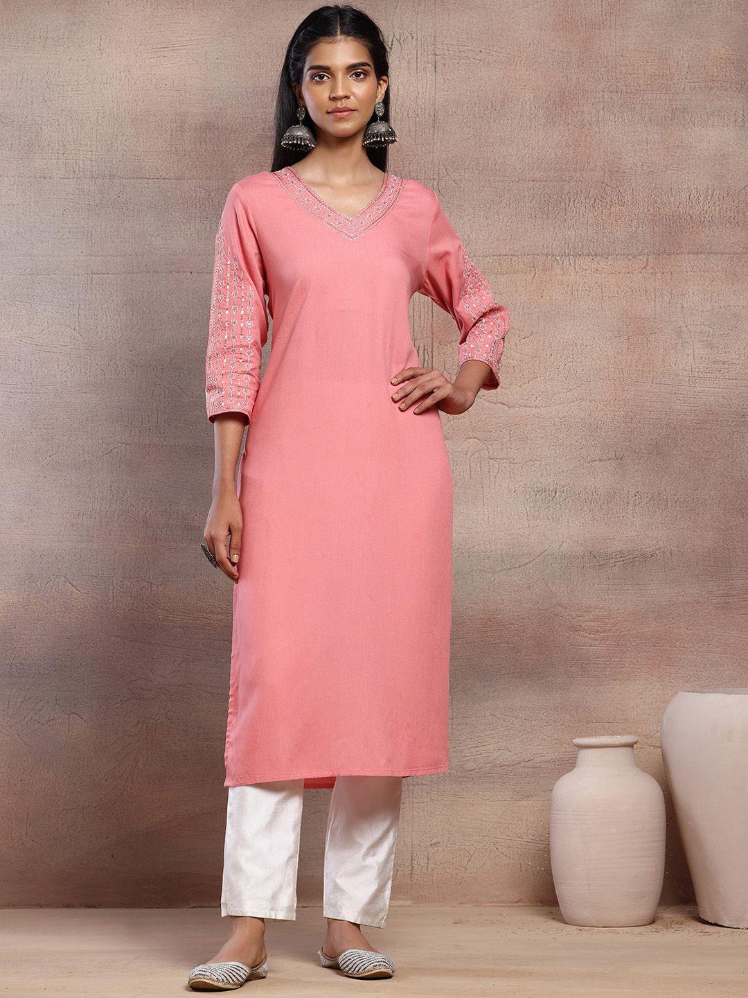 indya v-neck embroidered thread work straight kurta