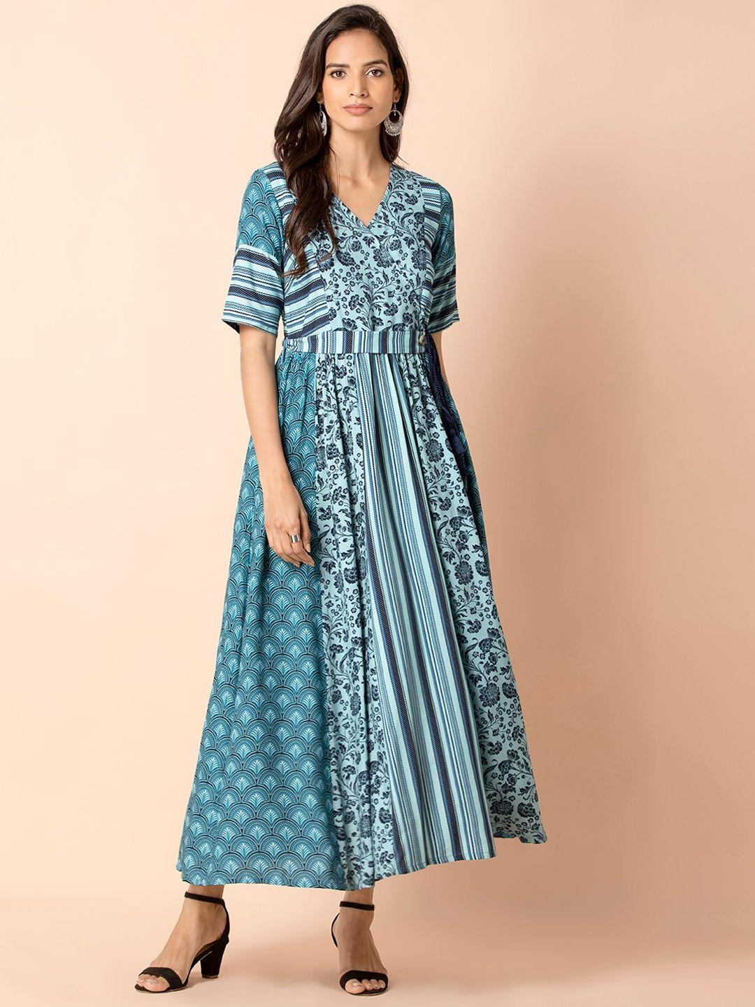 indya v-neck paneled floral printed belted anarkali kurta