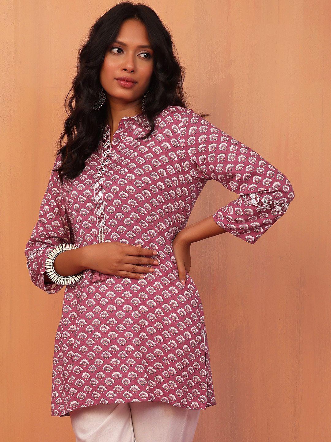 indya viscose rayon mandarin collar ethnic motifs printed tunic