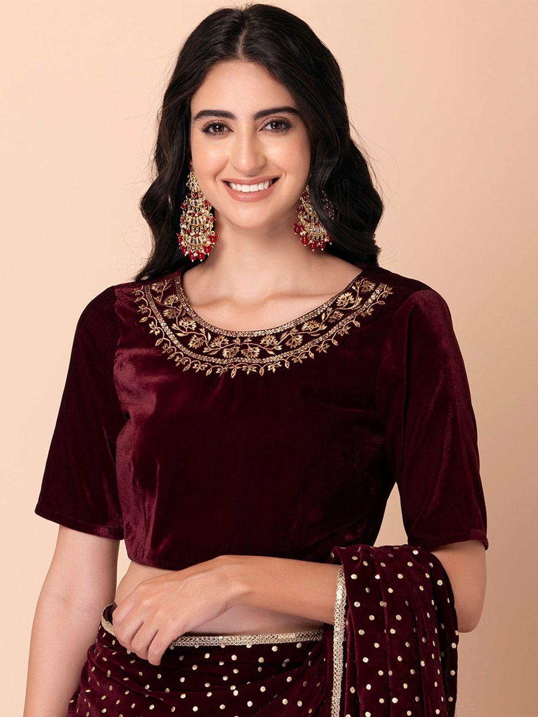indya woman maroon embroidered velvet crop top