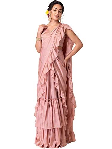 indya women's chiffon satin pastel pink printed ruffled pre-stitched saree with blouse (set of 2) (vbc00019