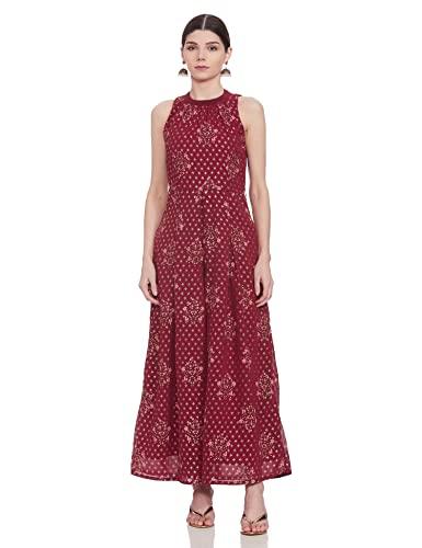 indya women's georgette fit and flare maxi jumpsuit (itn02761_maroon_2xl)