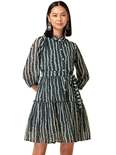 indya women's georgette fit and flare mini dark blue batik print tiered dress (itn05531 s)