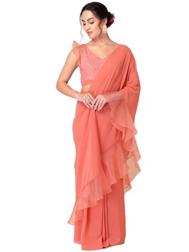 indya women's georgette pastel pink ruffled pre-stitched saree (without blouse) (iss00140