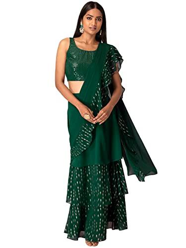 indya women's georgette pre-draped saree (isk00802_green)