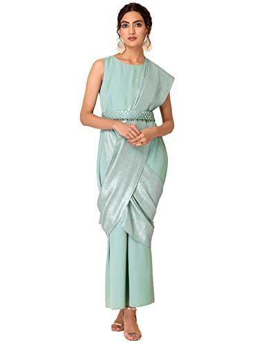 indya women's georgette pre-draped saree (itn04068_green)