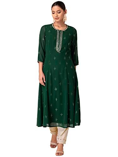 indya women's georgette regular kurta (itn03928m) green