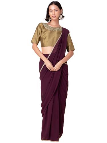 indya women's georgette wine scallop border pre-stitched saree (without blouse) (iss00143_purple)