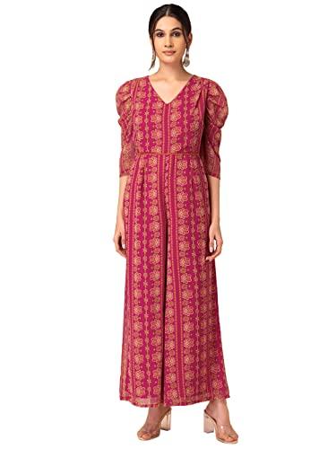 indya women's polyester pink geometric print front tie jumpsuit floor length dress (itn04529